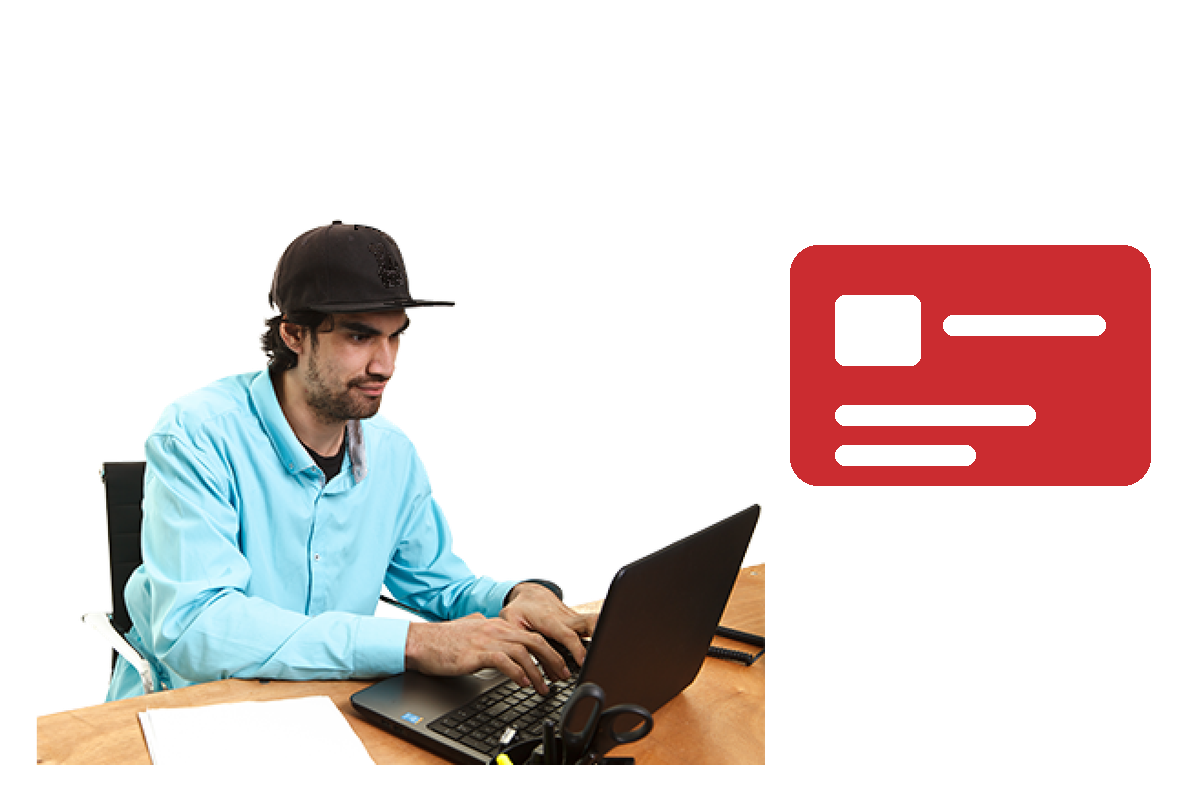 A person paying online at a laptop beside a graphic of a bank card
