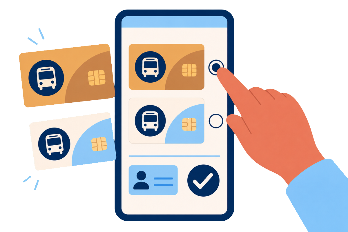 A phone showing gold and free travel card choices beside identification