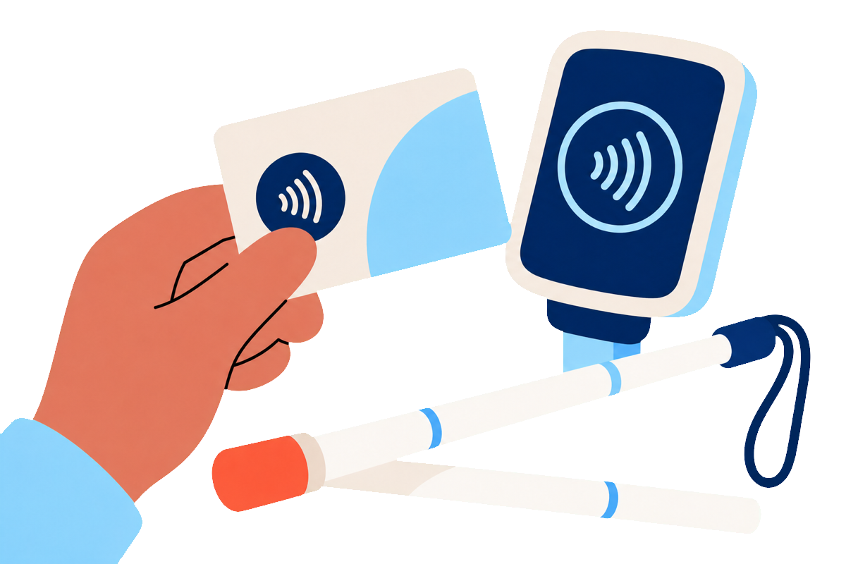 A hand tapping a travel card near a white mobility cane
