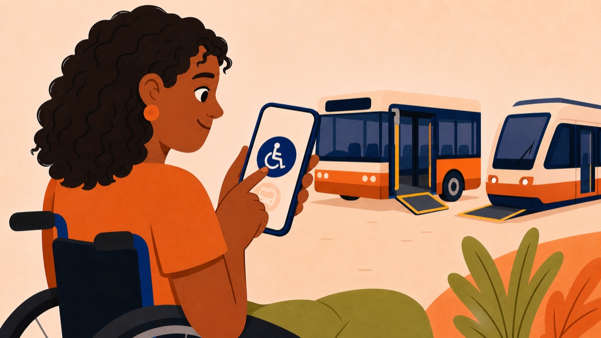 A wheelchair user choosing an accessible bus or train on a phone