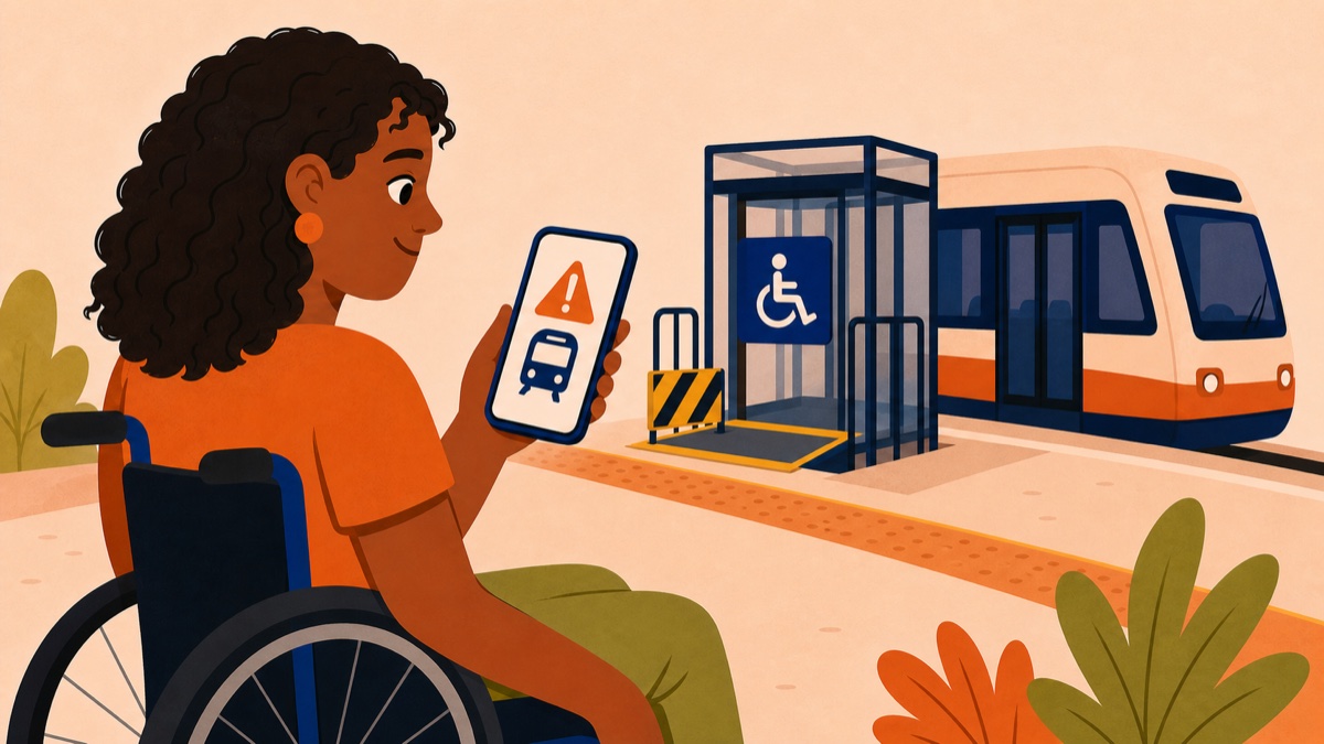 A wheelchair user checking a travel alert about a station lift
