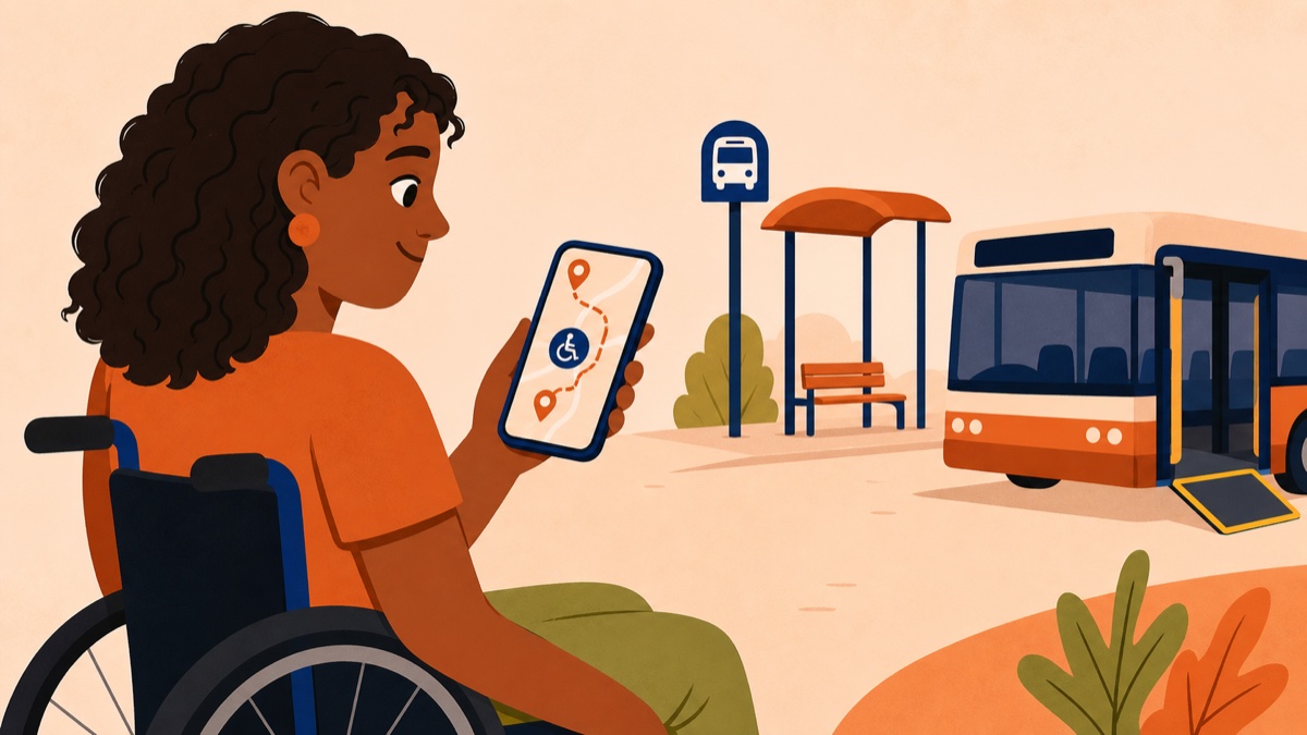 A wheelchair user planning a bus trip on a phone