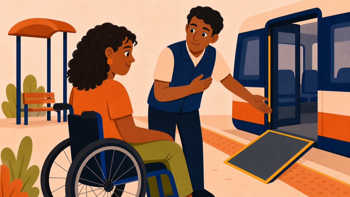 A public transport staff member helping a wheelchair user board a train